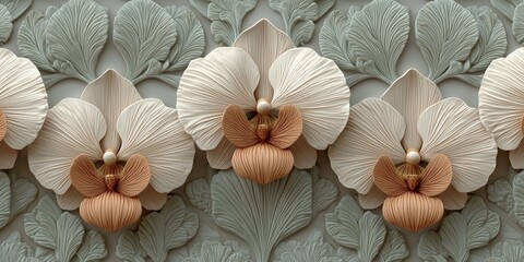 Detailed floral design featuring elegant orchids in relief.