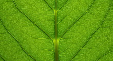 Obraz premium Close-up green leaf texture, detailed veins and dew drops, vibrant and fresh