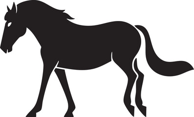 silhouetted horse strides confidently across a plain.