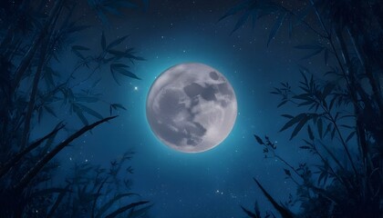 Fototapeta premium Night sky with a full moon and stars, surrounded by bamboo leaves and trees , blue color palette, dreamy atmosphere, nature scene 
