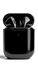 Sleek black wireless earbuds nestled in their charging case, a glossy finish reflecting light