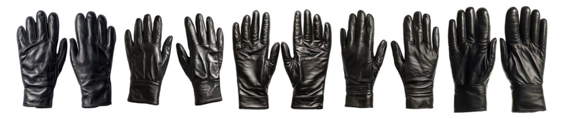 Various Stylish Black Leather Gloves Laid Out for Fashion Display, Isolated on Transparent, white background