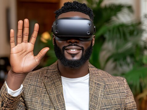 Man wearing VR headset, friendly expression