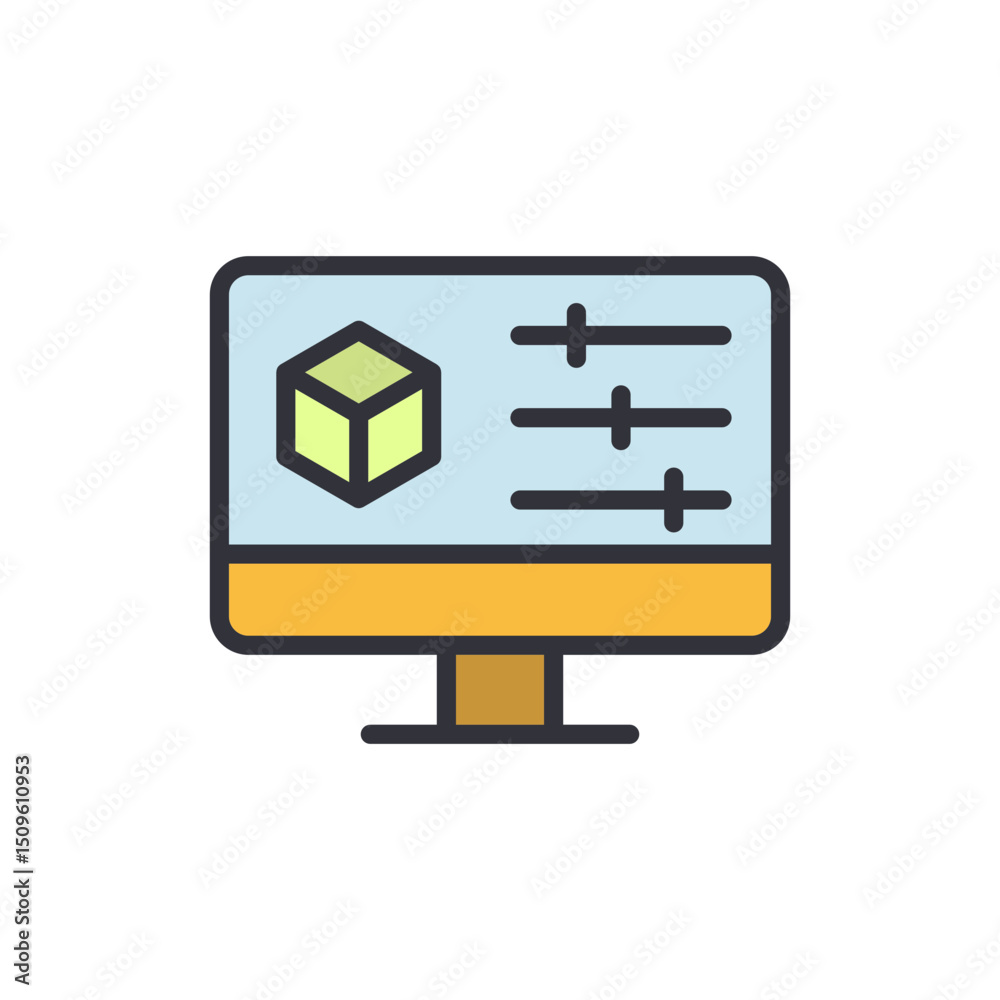 Poster isometric representation of computer screen displaying 3d modeling interface