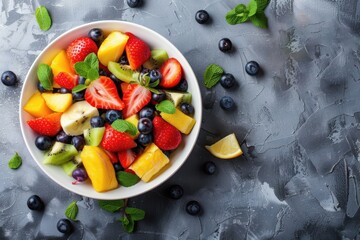 Refreshing fruit salad bursting with colors and flavors on a stylish gray background