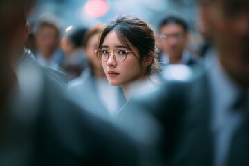Obraz premium Blurred photo of business people in motion, a young Asian woman with glasses standing out from the crowd, a busy street background