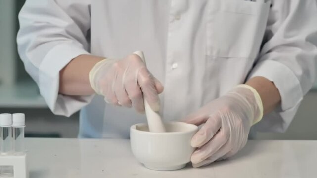 Closeup of hands grinding medicine with mortar and pestle, pharmacist preparing treatment in lab environment