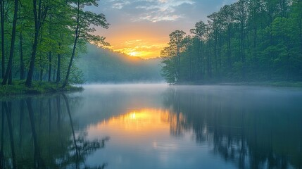 Fototapeta premium Serene sunrise over a misty lake, framed by lush green forests