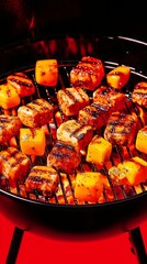 Grilled tofu cubes and diced peppers sizzle on a hot charcoal grill, creating delicious grill marks and vibrant colors against a red backdrop