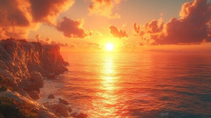Dramatic coastal sunset.  Rocky cliffs meet a fiery ocean at golden hour.  Clouds paint the sky in oranges and reds