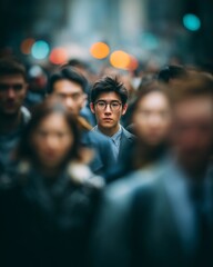 Blurred photo of business people in motion, a young Asian man with glasses standing out from the crowd, a busy street background