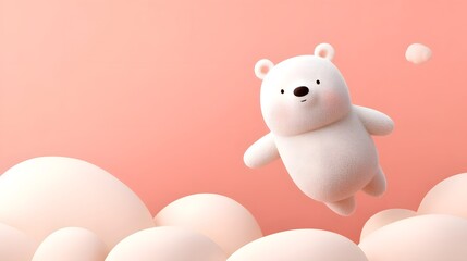 Cute white bear plush floating in a dreamy cloudland