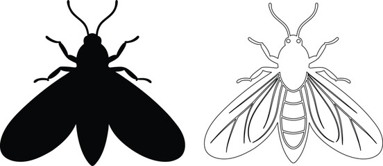 Silhouette and Outline of a Bee on an Isolated White Background