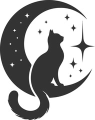 A cute cat sitting on moon black vector animal silhouette drawing