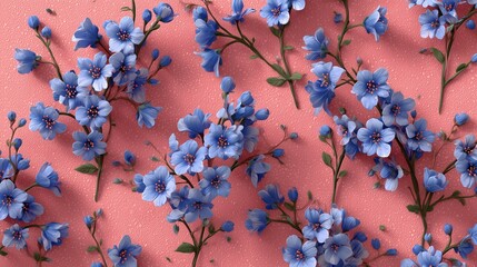 Floral pattern with blue flowers on a textured pink background.