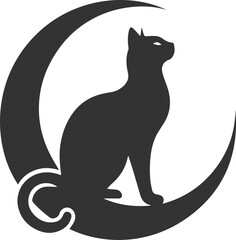 A cute cat sitting on moon black vector animal silhouette drawing