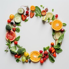 Fruits and veggies arranged in a circle on a light background for a fresh look