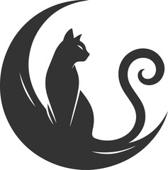 A cute cat sitting on moon black vector animal silhouette drawing