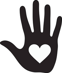 Fototapeta premium Silhouette of a black hand with a heart shape cutout in the palm. Vector clip art icon, isolated on transparent background. Symbol of care, charity, and kindness 