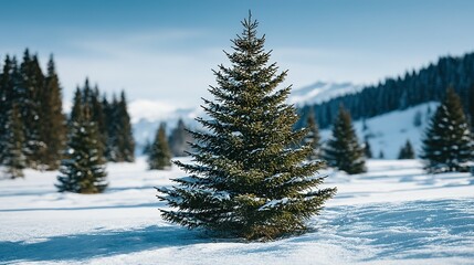 Snow-covered evergreen tree in a winter landscape.