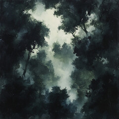 Naklejka premium fantasy dense forest dark trees haunted oil painting style landscape view from above