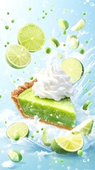 A vibrant lime pie slice, adorned with whipped cream, levitates amidst a splash of liquid and scattered lime pieces