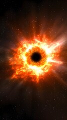 Fiery cosmic explosion, ring of intense orange and yellow flames surrounding a dark void against a star-dusted backdrop