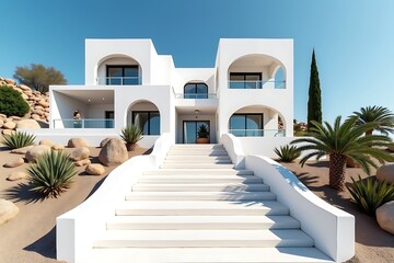 Luxury white modern villa with arched windows and staircase in desert landscape real estate architecture 
