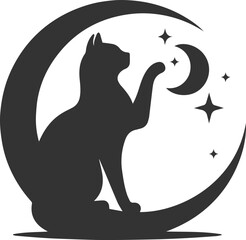 A cute cat sitting on moon black vector animal silhouette drawing