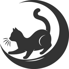 A cute cat sitting on moon black vector animal silhouette drawing