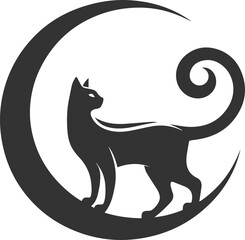 A cute cat sitting on moon black vector animal silhouette drawing