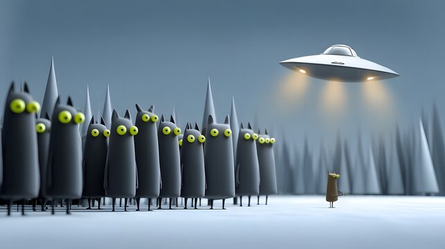 Alien creatures observing a mysterious spacecraft in the night sky