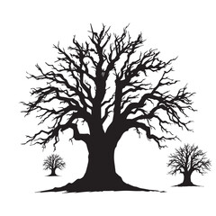 Branched tree without leaves, sketch. Engraved large growing oak. Nature concept. Hand drawn vintage vector illustration