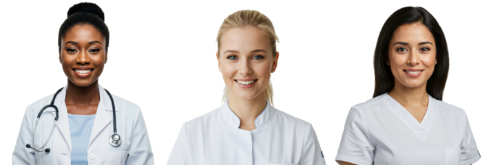 Diverse group of smiling female medical professionals. Team of Black, Caucasian, and Hispanic doctors and nurses in uniform. Healthcare staff portrait isolated on transparent background.