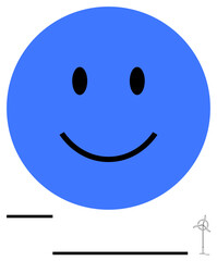 Fototapeta premium Large blue circle with a black smiling face, abstract lines, and a small wind turbine. Ideal for happiness, sustainability, simplicity, energy, eco-friendliness positivity innovative ideas. Flat