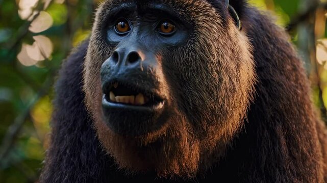 Close-up video still of a howler monkey in a jungle setting, captured from a low angle, highlighting its expressive face and lush green background.