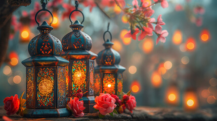 Romantic lantern bloom effect. Ornate Ramadan lanterns under cherry blossoms with bokeh lights. Ideal for festive greeting cards, springtime Islamic decor, or seasonal celebration visuals.