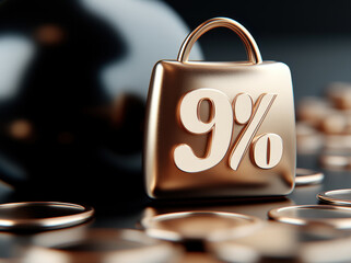 Shiny bronze bag with 9% symbol stands prominently among scattered gold coins, creating sense of wealth and prosperity. background is dark, enhancing metallic sheen