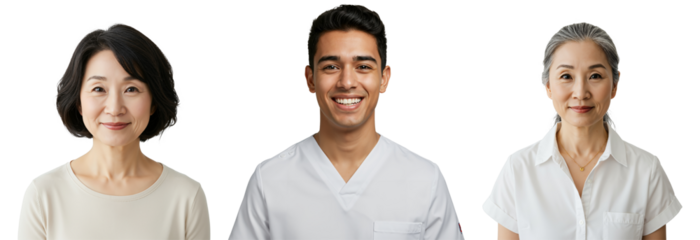 Diverse group of three smiling individuals: a middle-aged Asian woman, a young professional man, and an older Asian woman. Headshot portraits isolated on a transparent background.