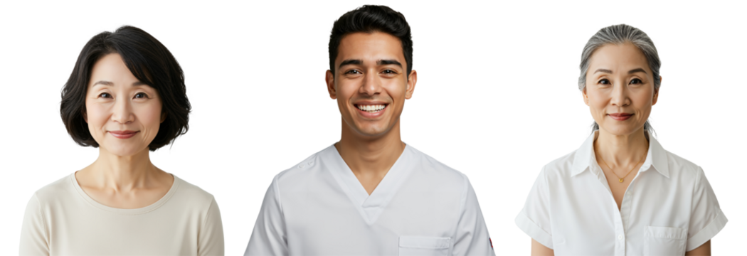 Diverse group of three smiling individuals: a middle-aged Asian woman, a young professional man, and an older Asian woman. Headshot portraits isolated on a transparent background.