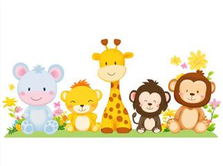 Obraz premium Cute cartoon animals including bear, lion, giraffe, monkey, and tiger are surrounded by colorful flowers. This cheerful scene evokes joy and playfulness, perfect for children decor