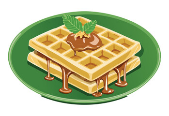 Caramel Syrup Waffle on Plate - Vector Illustration