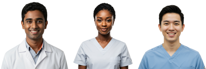 Diverse team of young adult medical professionals. Indian male doctor in lab coat, Black female nurse, and East Asian male nurse in scrubs, smiling. Studio portraits on transparent background.