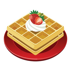 Waffle with Strawberries and Whipped Cream on Plate - Vector Illustration