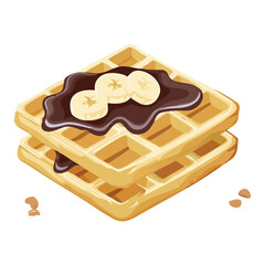 Breakfast food waffle with banana chocolate topping - vector illustration