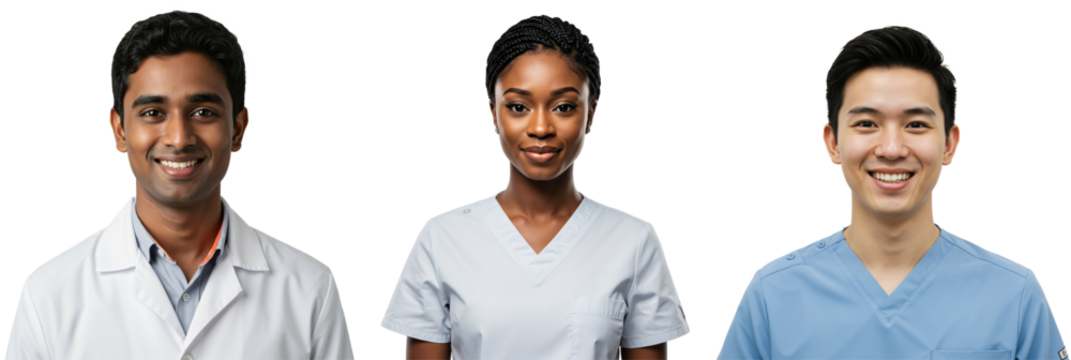 Diverse team of young adult medical professionals. Indian male doctor in lab coat, Black female nurse, and East Asian male nurse in scrubs, smiling. Studio portraits on transparent background.