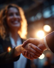 Two businesswomen shaking hands in agreement in a warm-lit modern setting