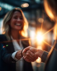 Two businesswomen shaking hands in agreement in a warm-lit modern setting