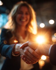 Two businesswomen shaking hands in agreement in a warm-lit modern setting