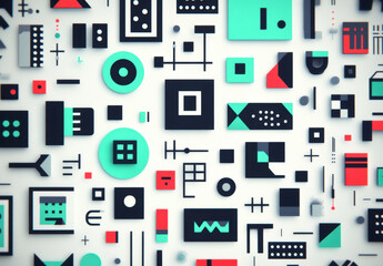 Abstract geometric shapes and dots create vibrant background, showcasing mix of colors and patterns that evoke sense of creativity and modern design